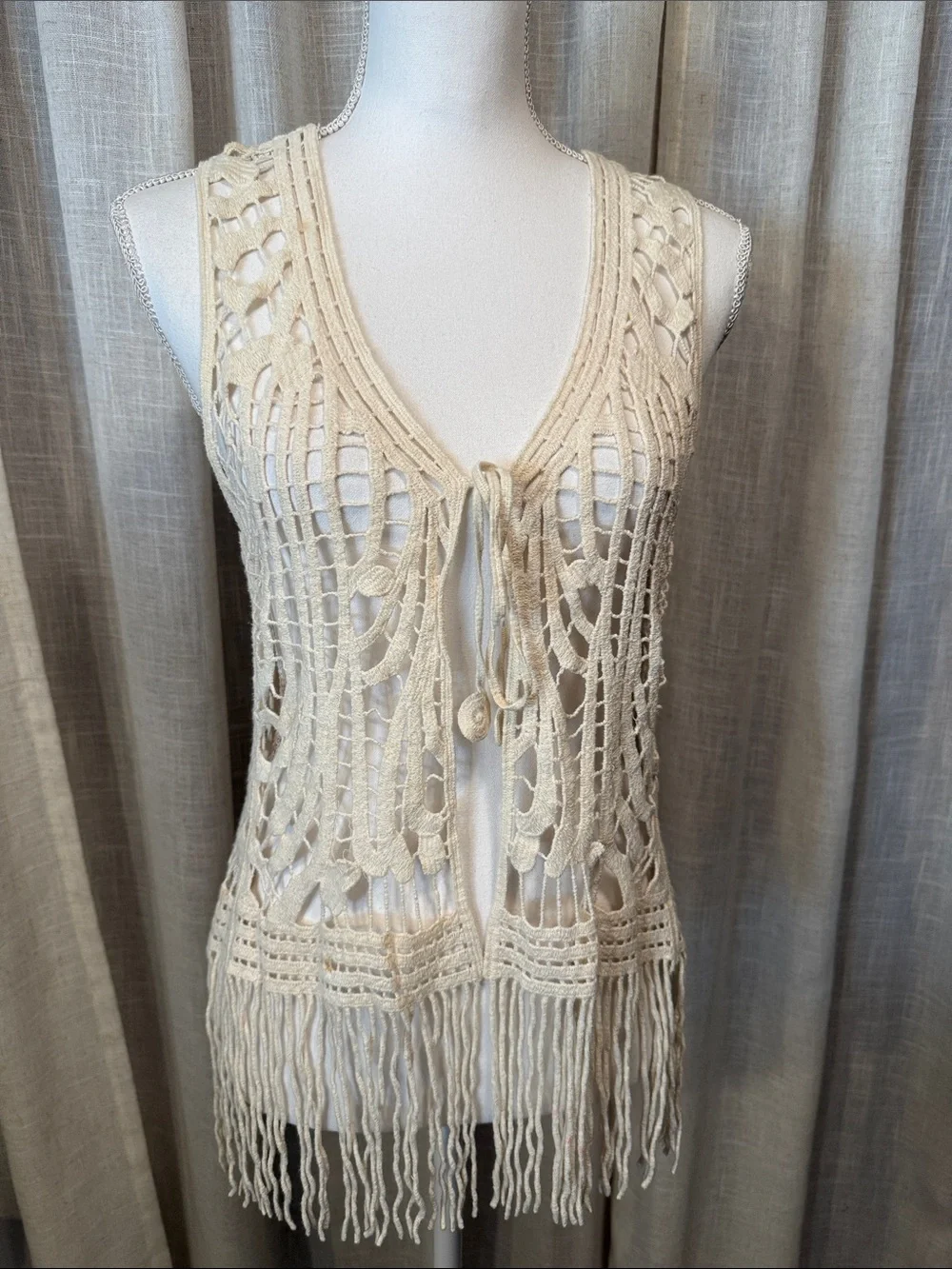 Boho Festival Crochet Vest Cream Fringe Tie Front Love Tree Medium-NWOT - Picture 1 of 12